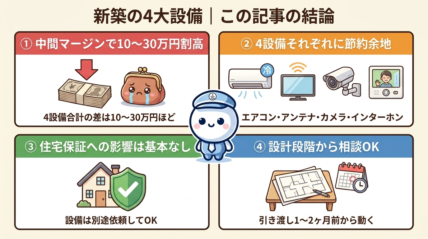 新築の4大設備｜この記事の結論4つ：① ハウスメーカー任せだと中間マージンで10〜30万円割高 ② 4設備それぞれに節約余地（エアコン6〜20万／アンテナ4〜7万／カメラ6〜10万／インターホン2〜5万） ③ 設備を別途依頼しても建物保証には基本影響なし ④ 専門業者なら設計段階から4設備ワンストップで相談OK