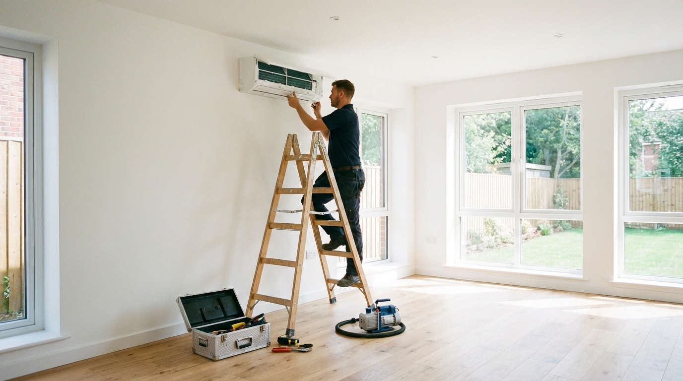 新築住宅での住宅設備工事（エアコン・アンテナ・インターホン・防犯カメラ）のイメージ