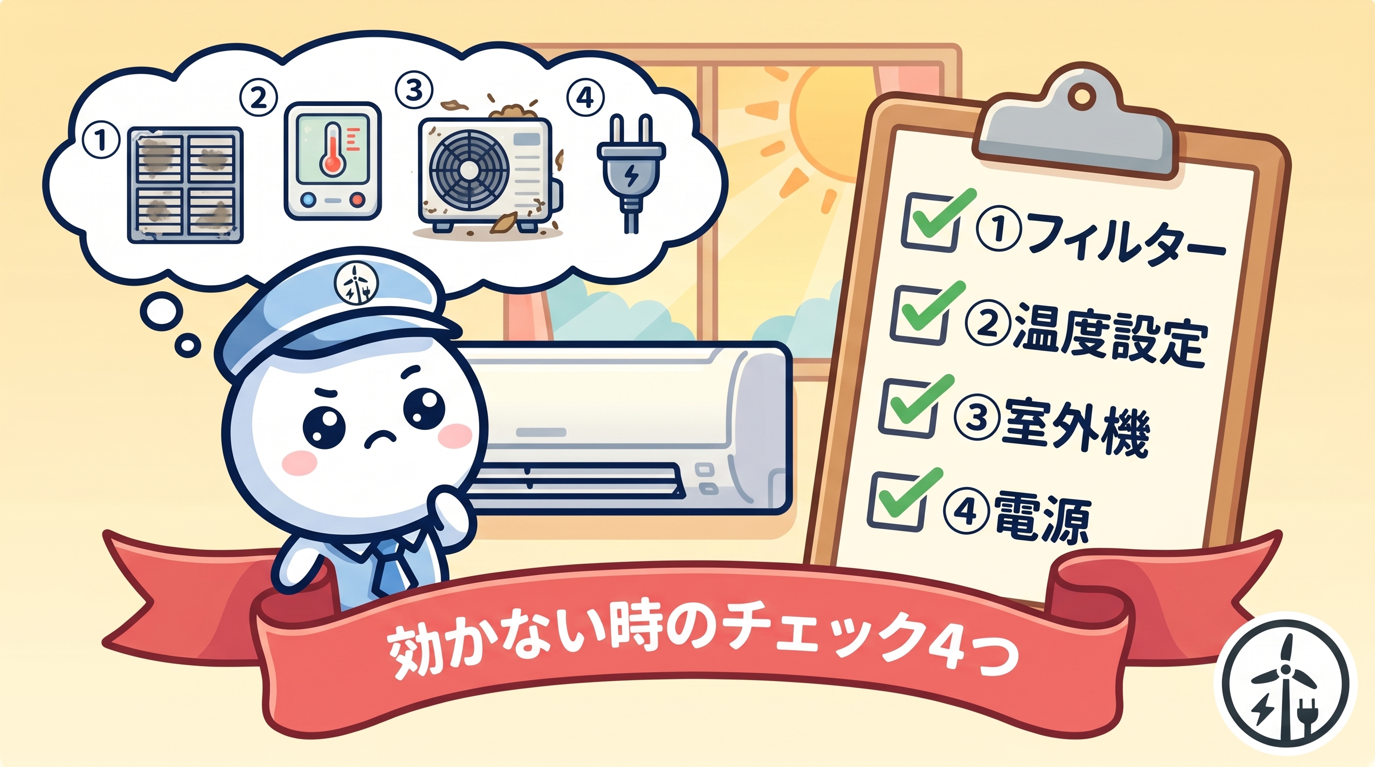 効かないエアコンの前で困りつつ、4つのチェックリストを思いつくエアソリくん