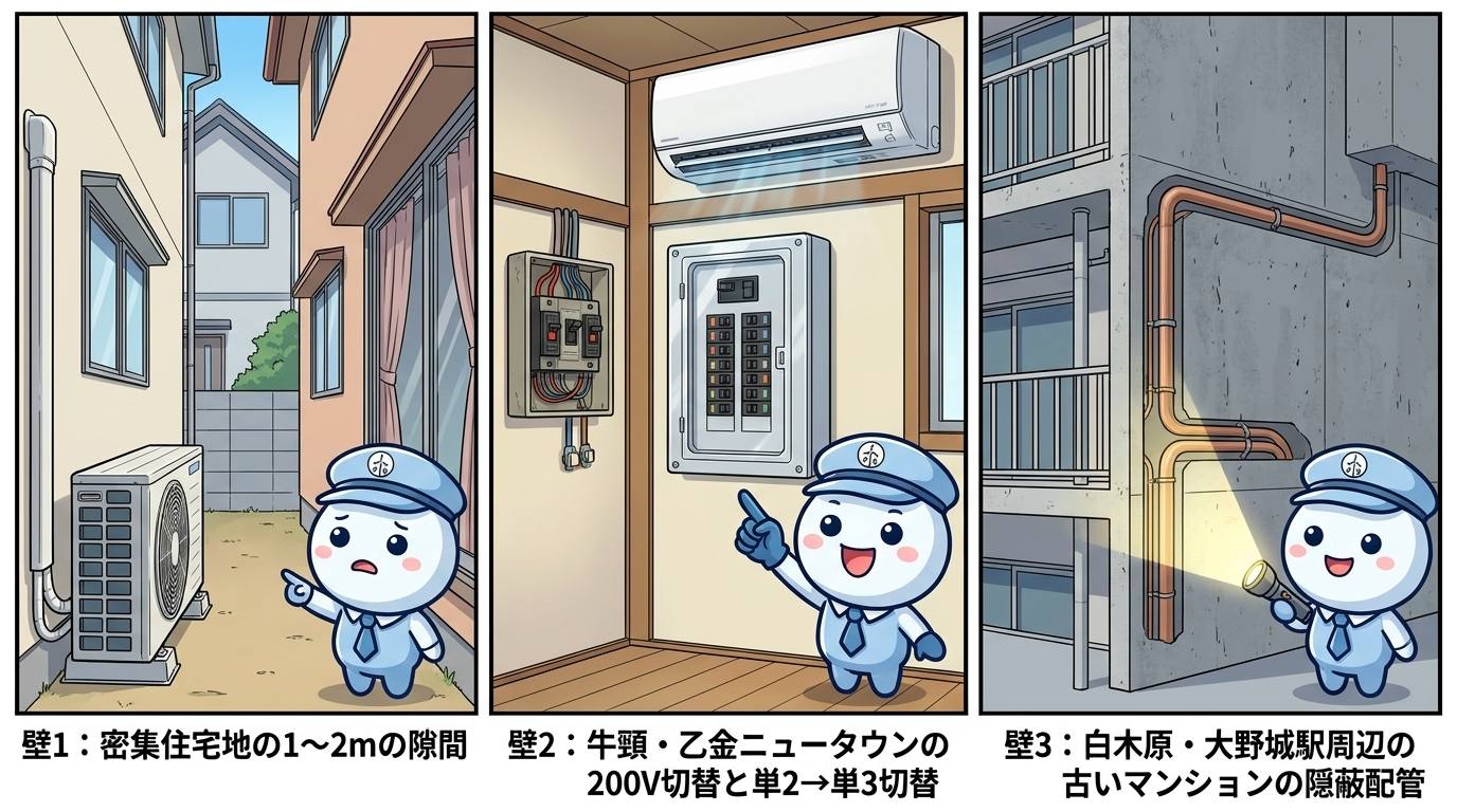 大野城市エアコン工事の3つの壁を表したイラスト