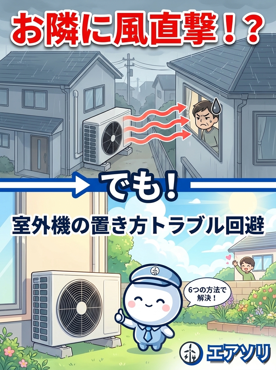 戸建ての室外機をお隣に向けて置いて起きる近隣トラブルと、風向き・ブロック積み・壁面取付・配管延長・屋根置き・マルチエアコン集約という6つの回避策｜福岡のエアソリ