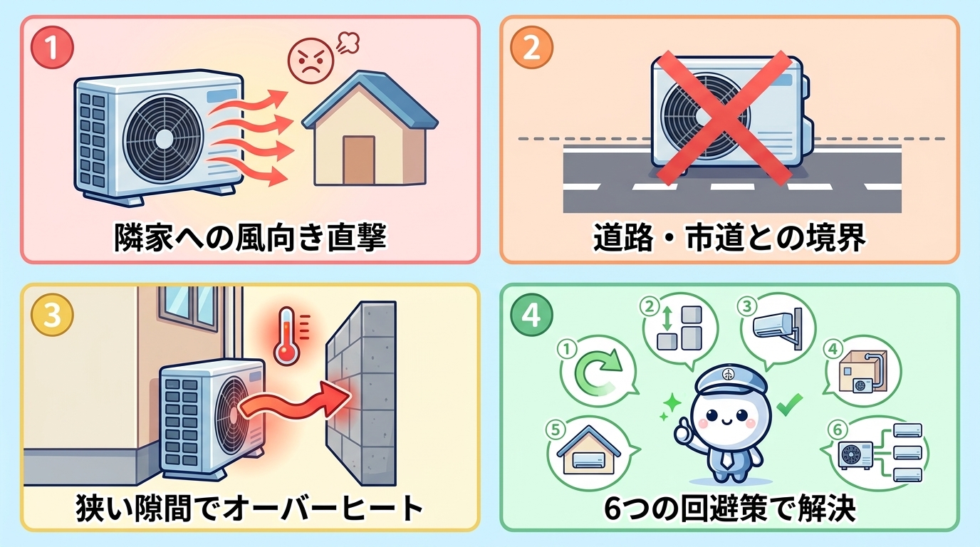 この記事の結論：① 戸建ての室外機は風向き・道路境界・オーバーヒートの3つに気をつける ② 道路や市道に置くのはNG、敷地境界の確認が必須 ③ 回避策は風向き調整・ブロック積み・壁面取付・配管延長・屋根置き・マルチエアコン集約の6つ ④ 狭い隙間に置くと風が跳ね返って自分のエアコンが冷えなくなる