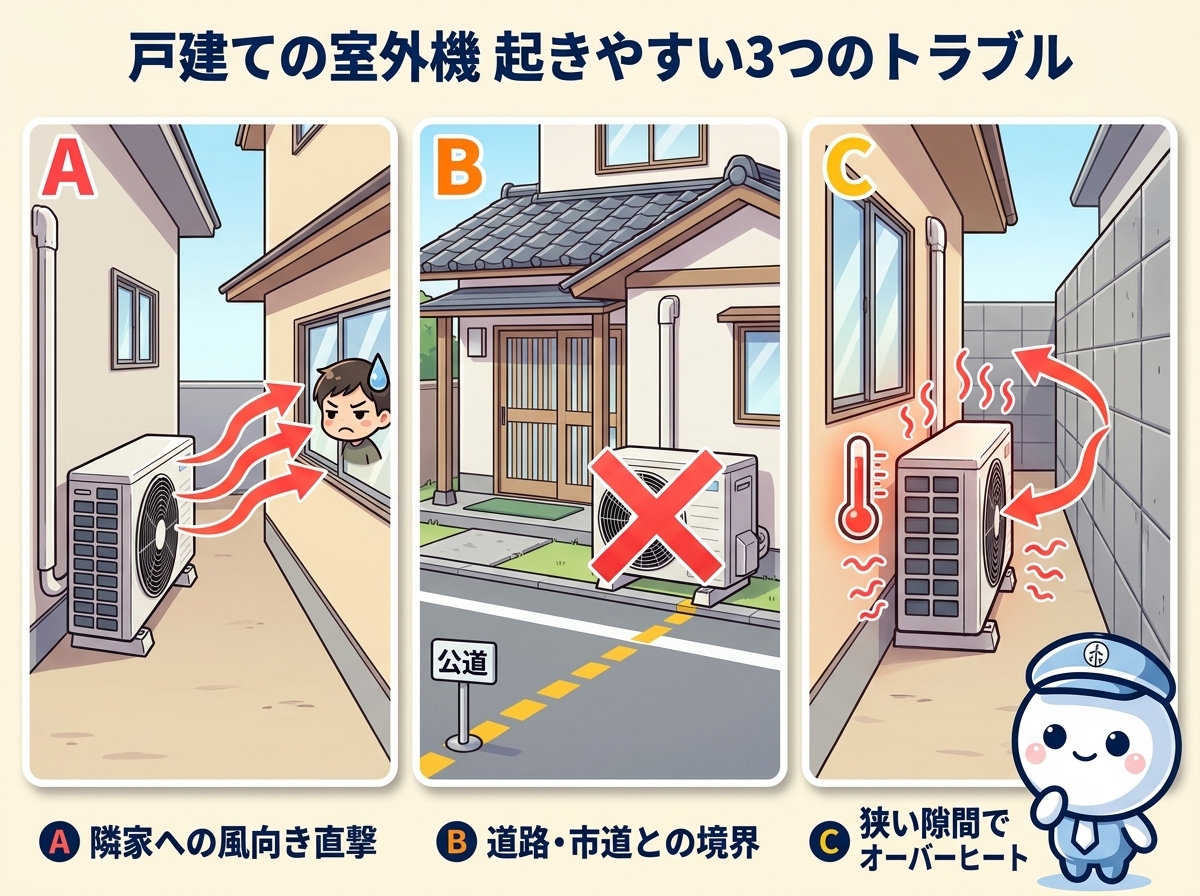 戸建ての室外機で起きやすい3つのトラブル｜A 隣家への風向き直撃 B 道路・市道との境界NG C 狭い隙間でオーバーヒート