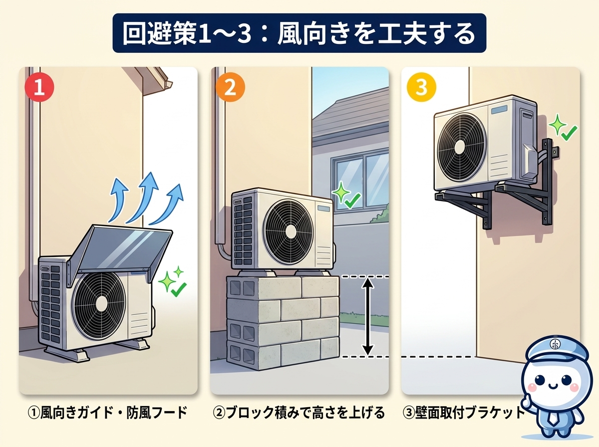回避策1〜3 風向きを工夫する系｜① 風向きガイド・防風フード ② ブロック積みで設置高さを上げる ③ 壁面取付ブラケットで外壁に持ち上げる