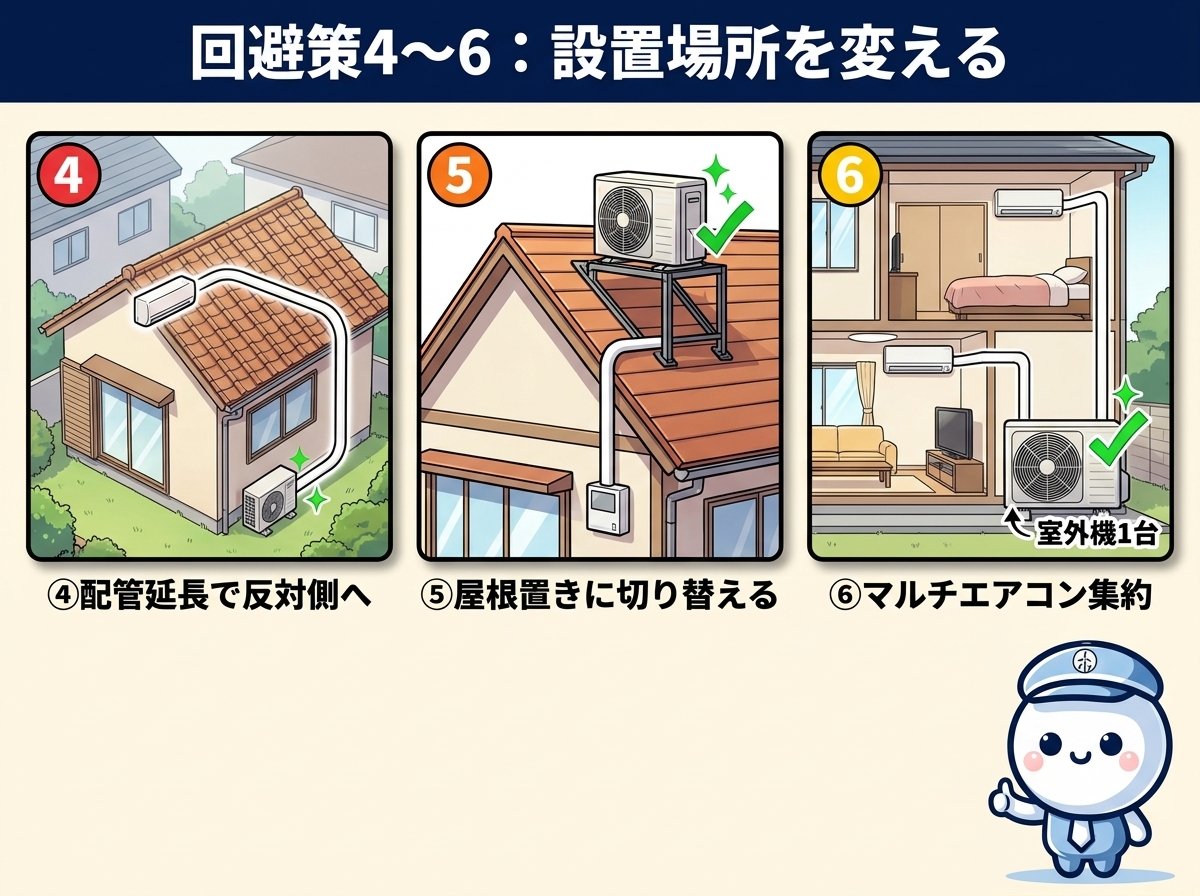 回避策4〜6 設置場所そのものを変える系｜④ 配管延長で建物の反対側に出す ⑤ 屋根置きに切り替える ⑥ マルチエアコンで室外機を1つに集約