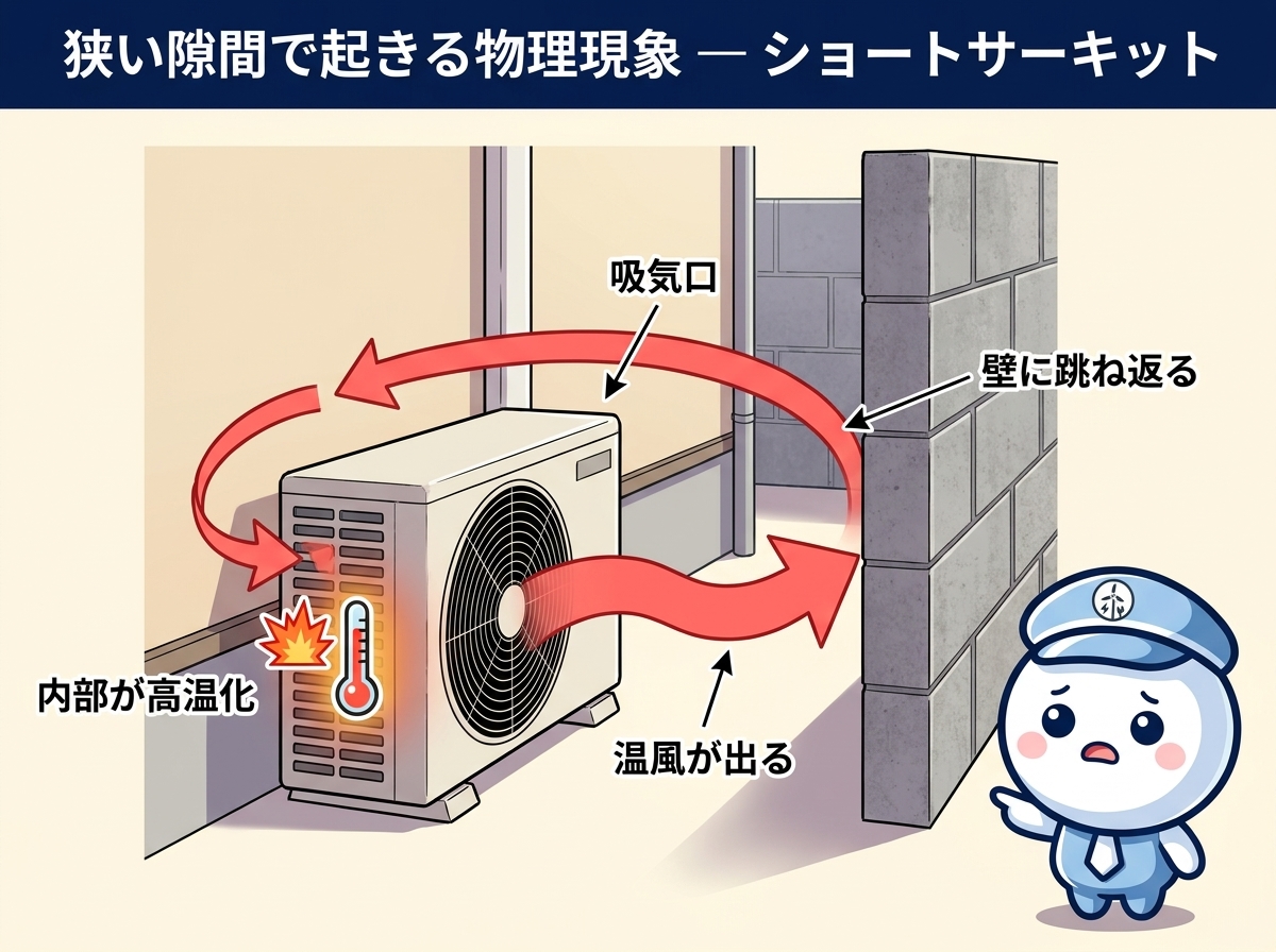 室外機オーバーヒートの仕組み｜前面のすぐ前にブロック塀があると、出した温風が跳ね返って自分の側面・背面の吸気口に再吸入され、機械が高温化してエアコンが冷えなくなる