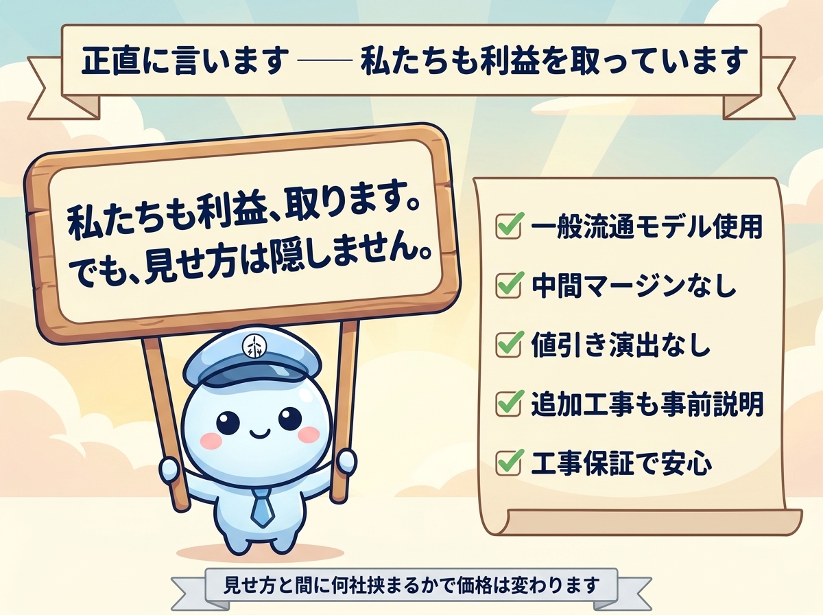 エアソリくんが看板『私たちも利益、取ります。でも、見せ方は隠しません』を持っている｜5つの正直ポイント（一般流通モデル・中間マージンなし・値引き演出なし・追加工事も事前説明・工事保証）