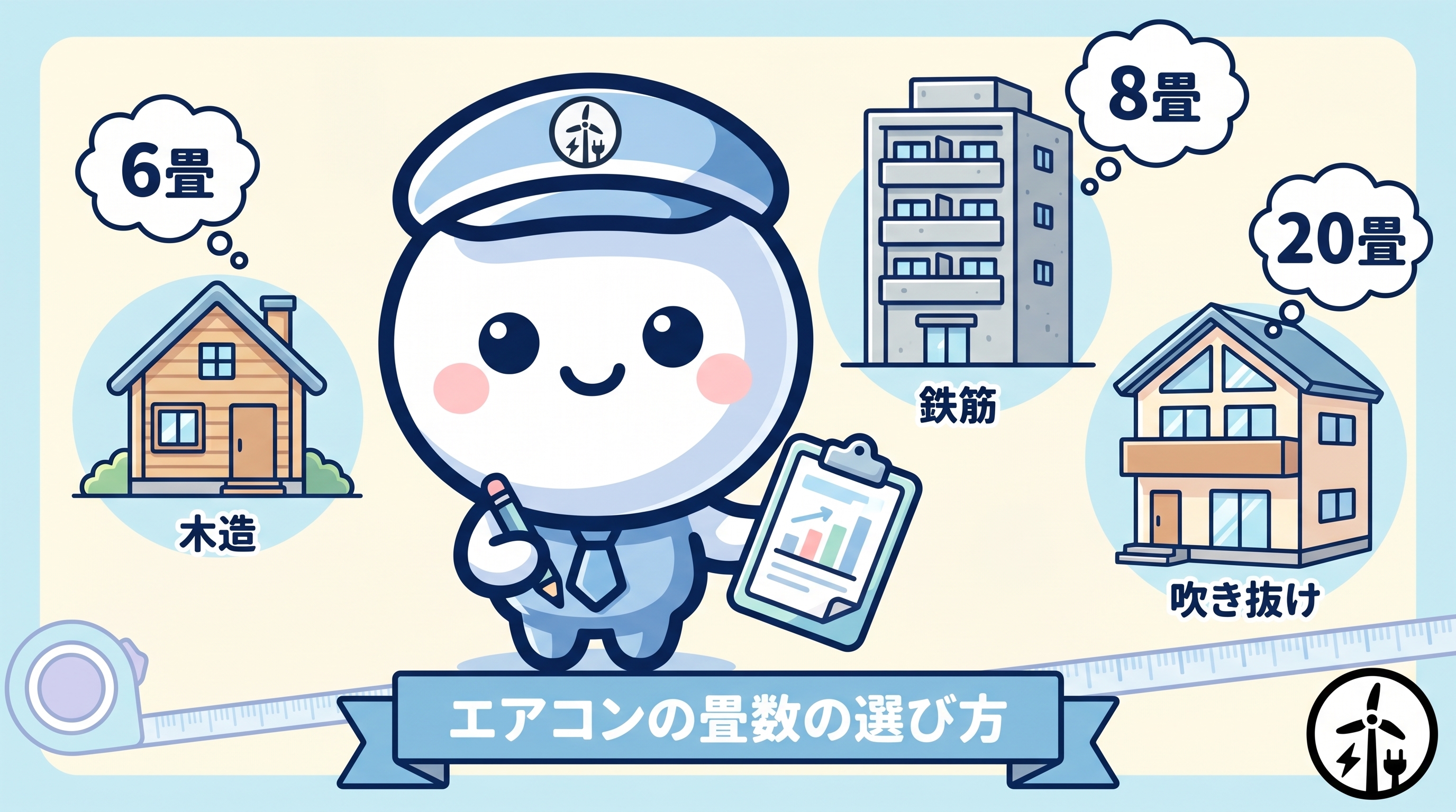 エアコンの畳数の選び方を案内するエアソリくんと木造・鉄筋・吹き抜け3つの家のイラスト