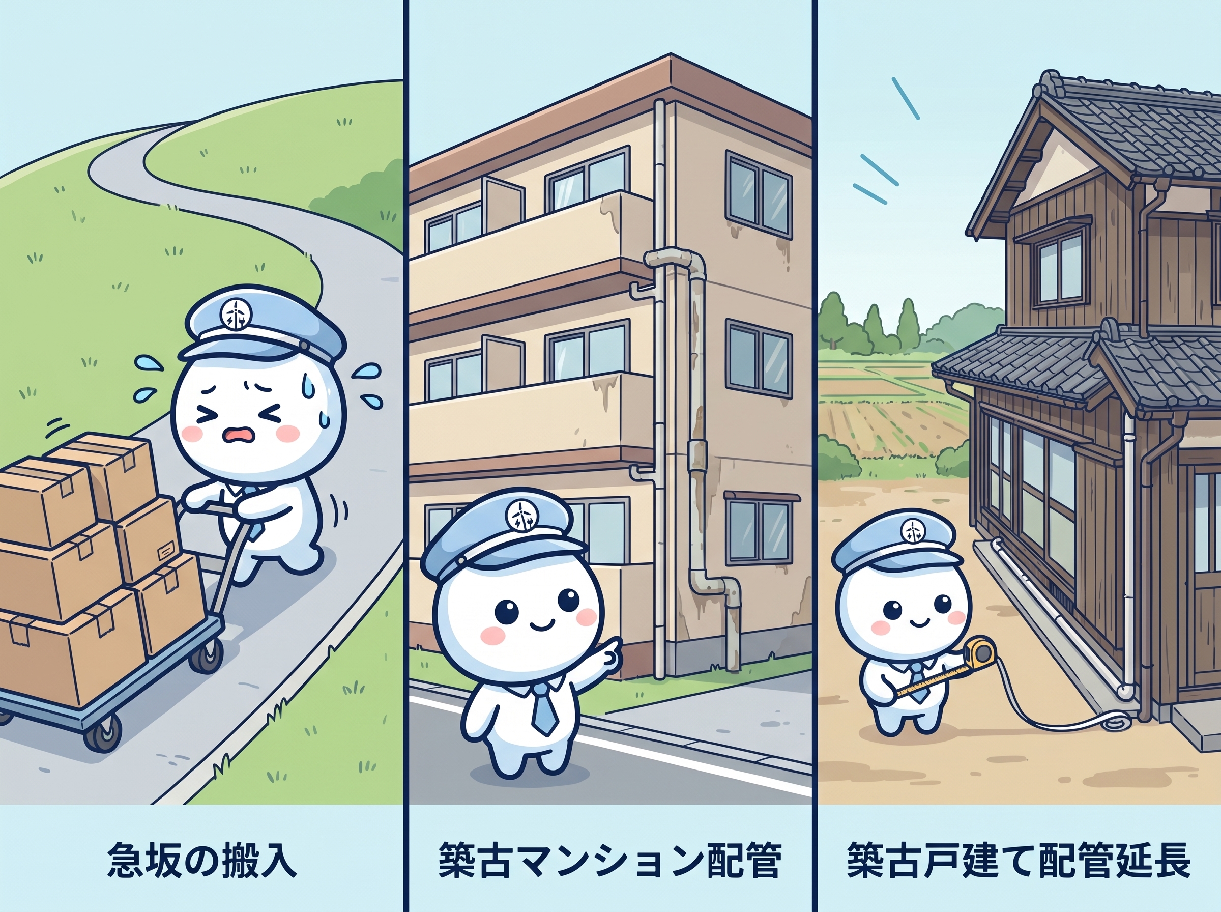 篠栗町エアコン工事の3つの壁を表したイラスト