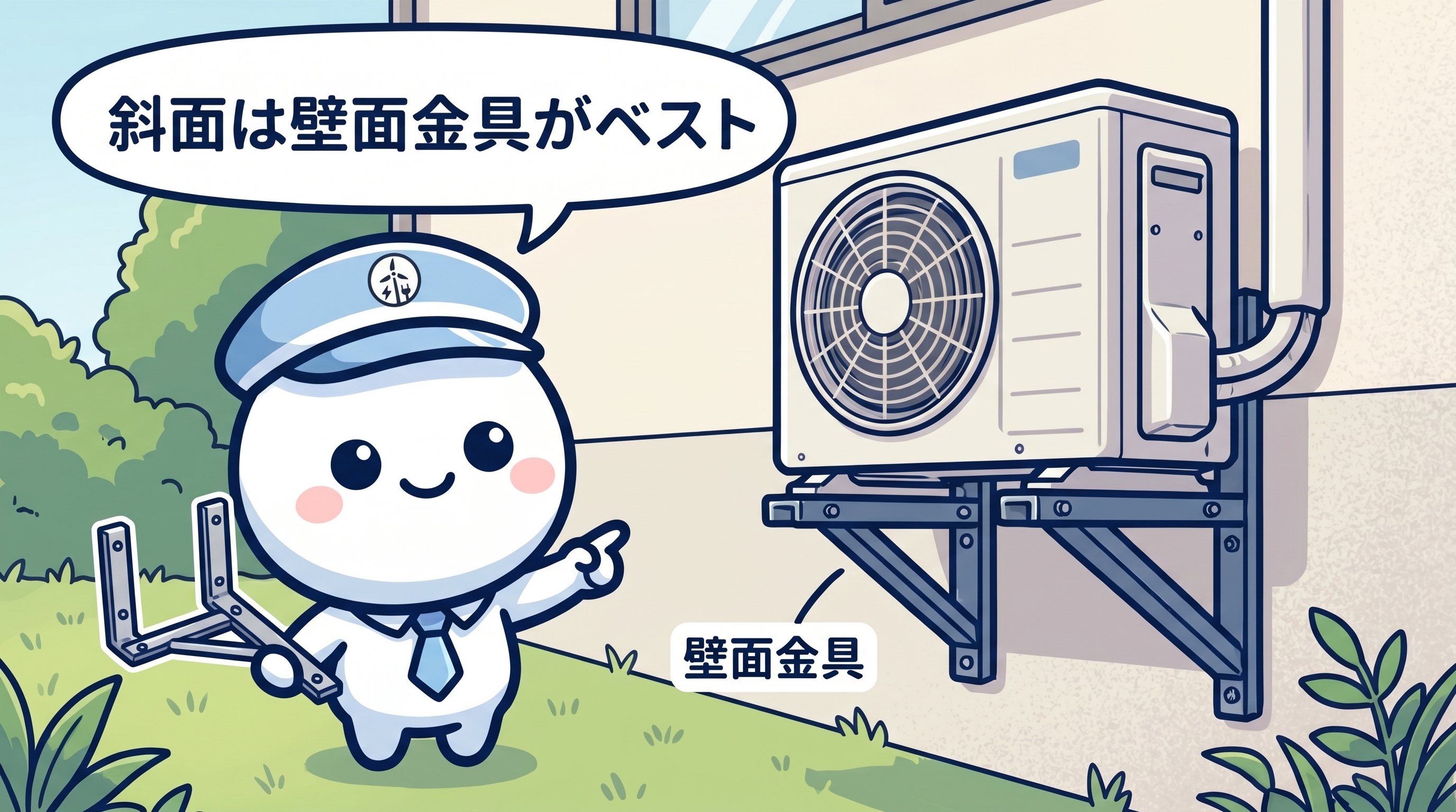 早良区斜面戸建ての室外機壁面金具取付