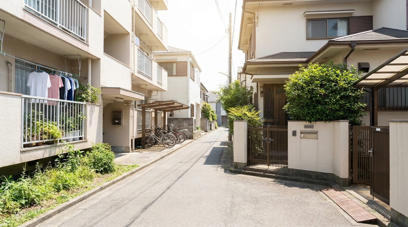 マンションのエントランスと戸建て住宅の玄関が並ぶ住宅街