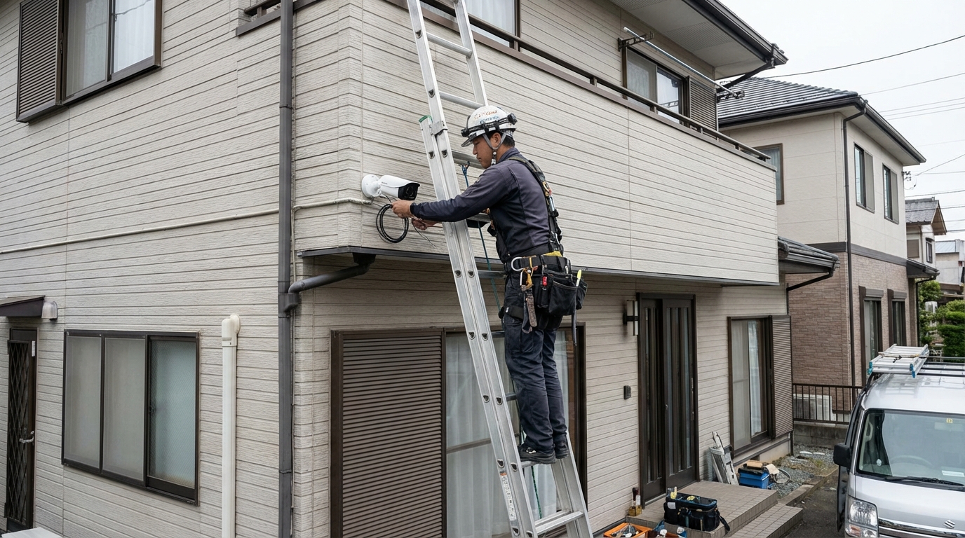 職人が住宅の外壁に防犯カメラを取り付けている作業風景