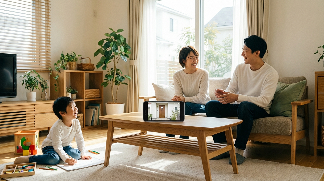リビングルームで安心してくつろぐ家族