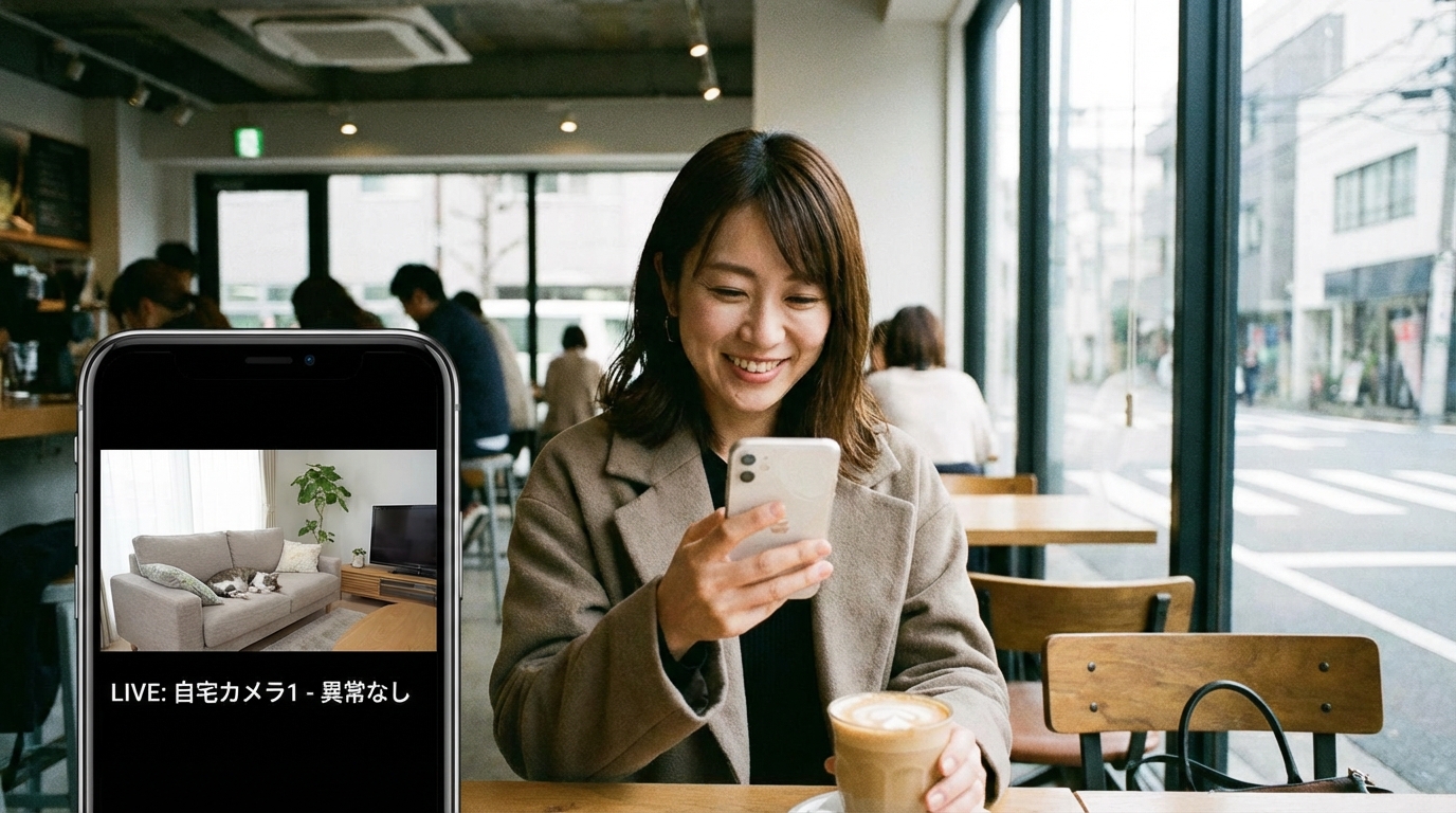 スマートフォンで防犯カメラの映像を確認する女性