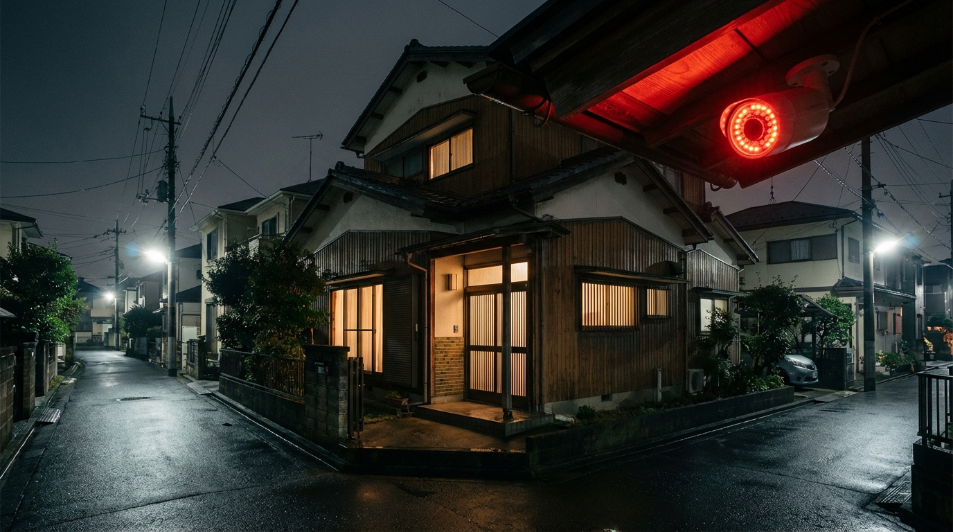 夜間に赤いLEDを光らせている防犯カメラ