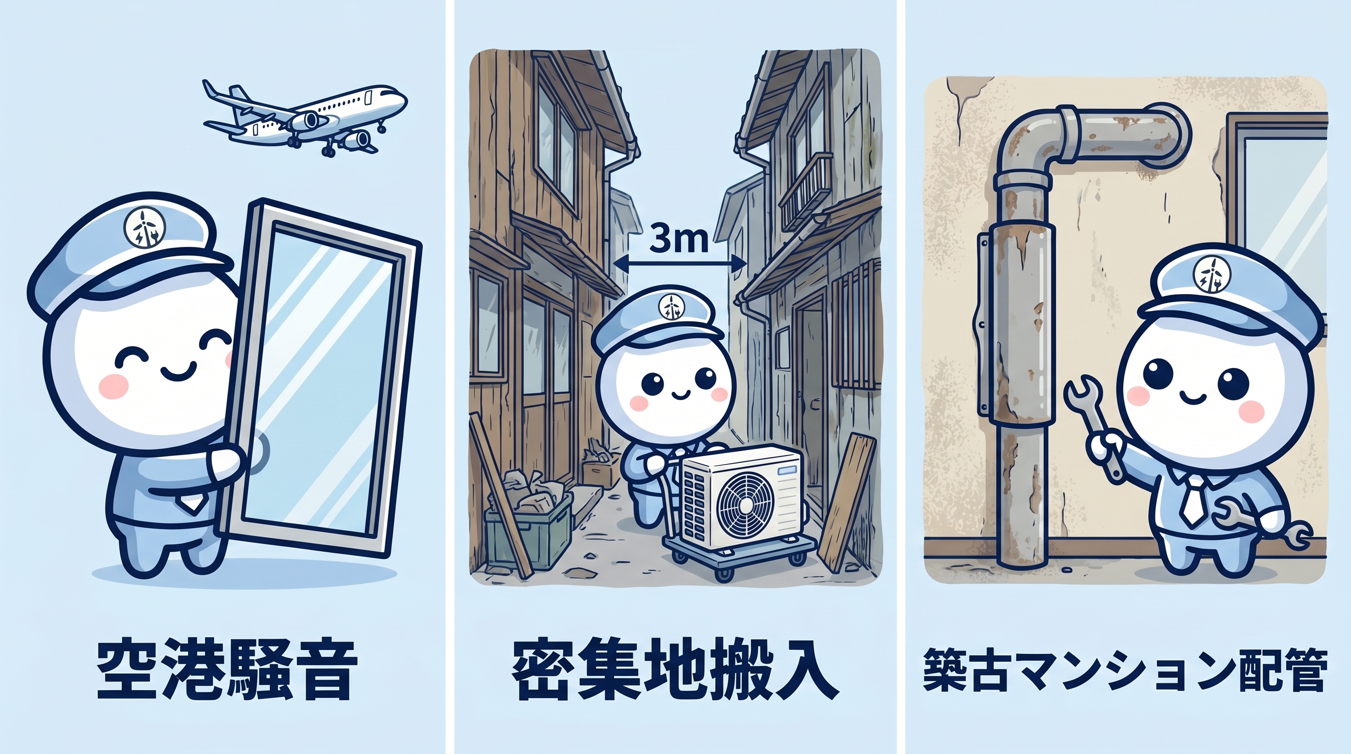 志免町エアコン工事の3つの壁を表したイラスト