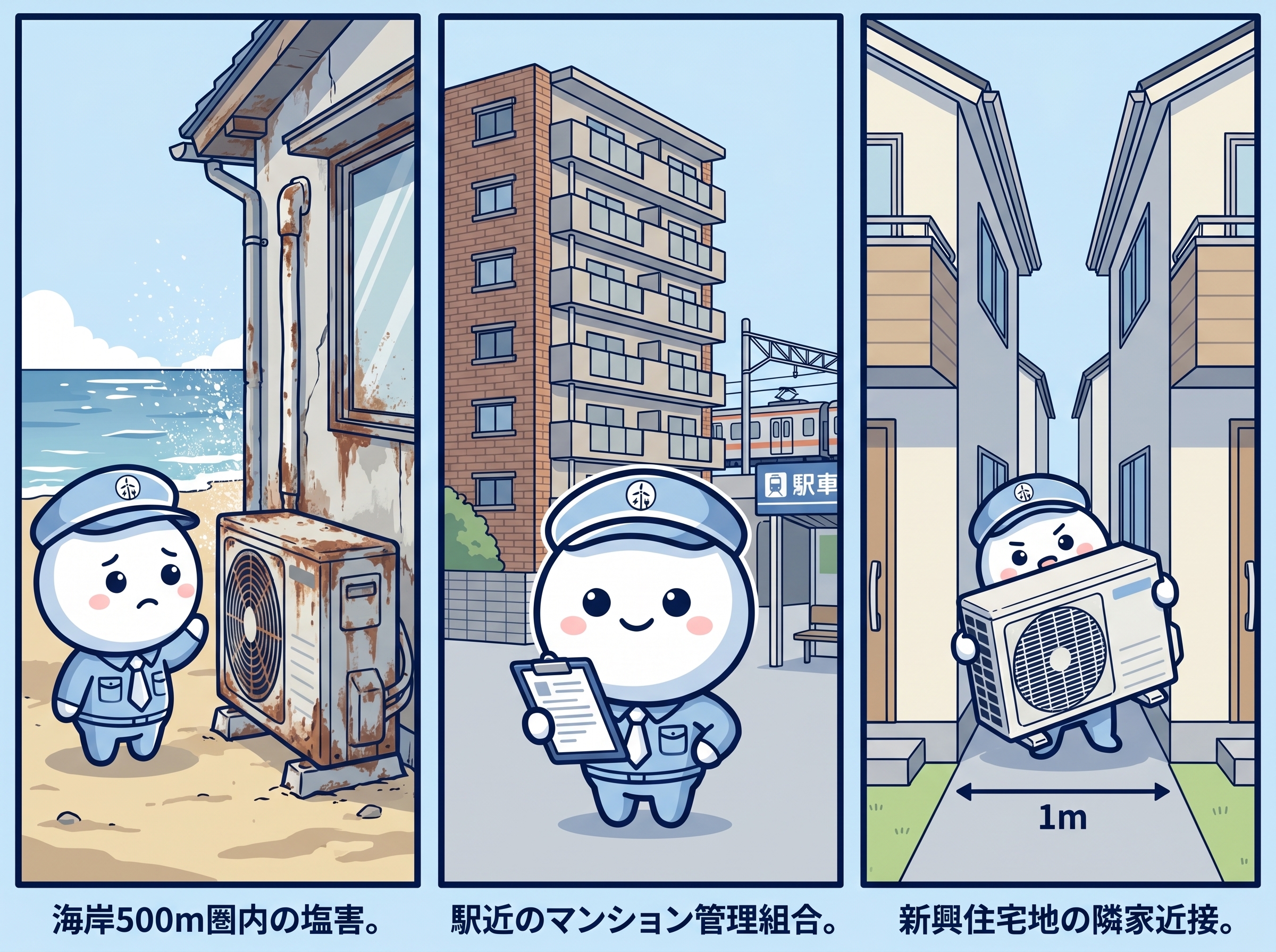 新宮町エアコン工事の3つの壁を表したイラスト