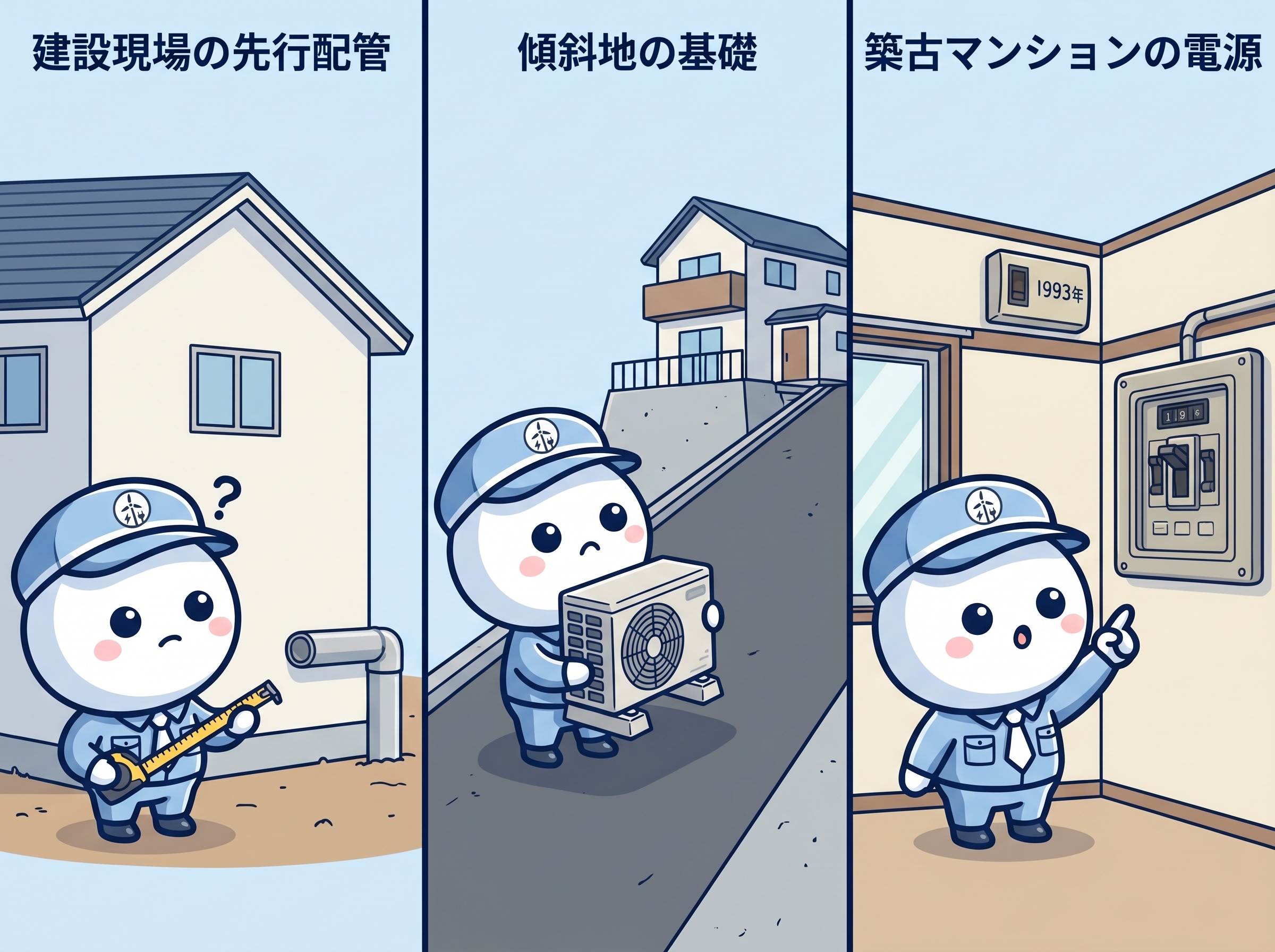 須恵町エアコン工事の3つの壁を表したイラスト
