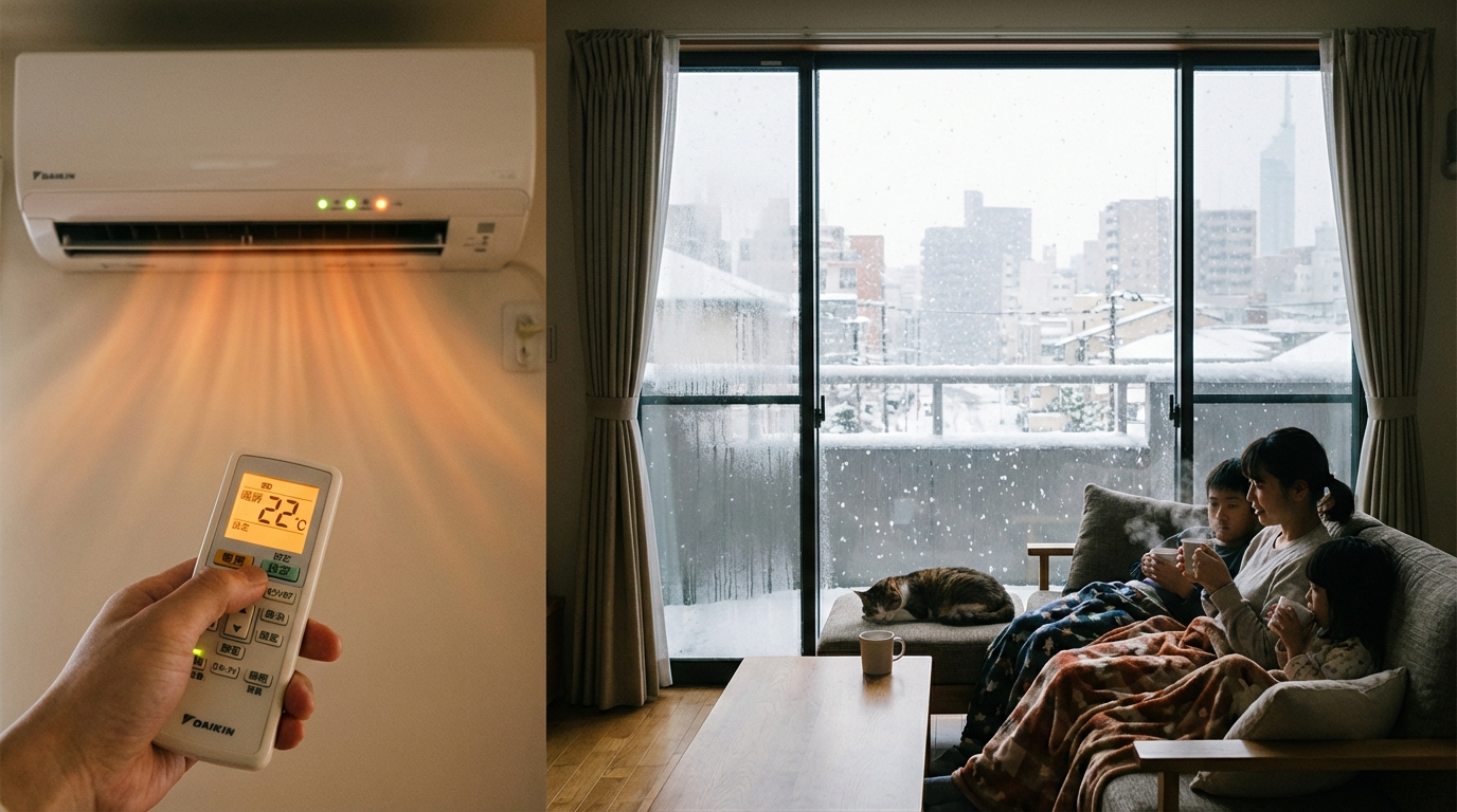 冬の福岡でエアコン暖房を使用する様子