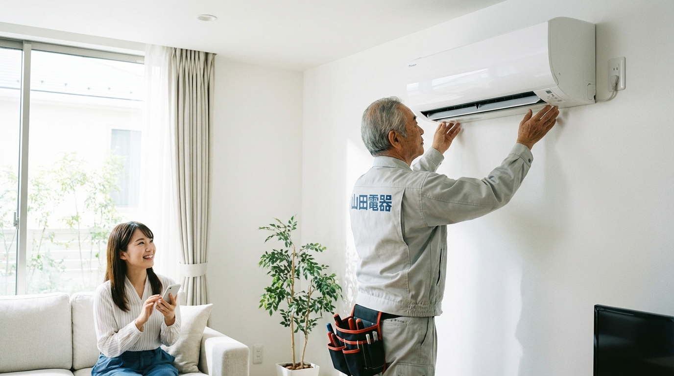 エアソリの職人がエアコンを取り付けている風景