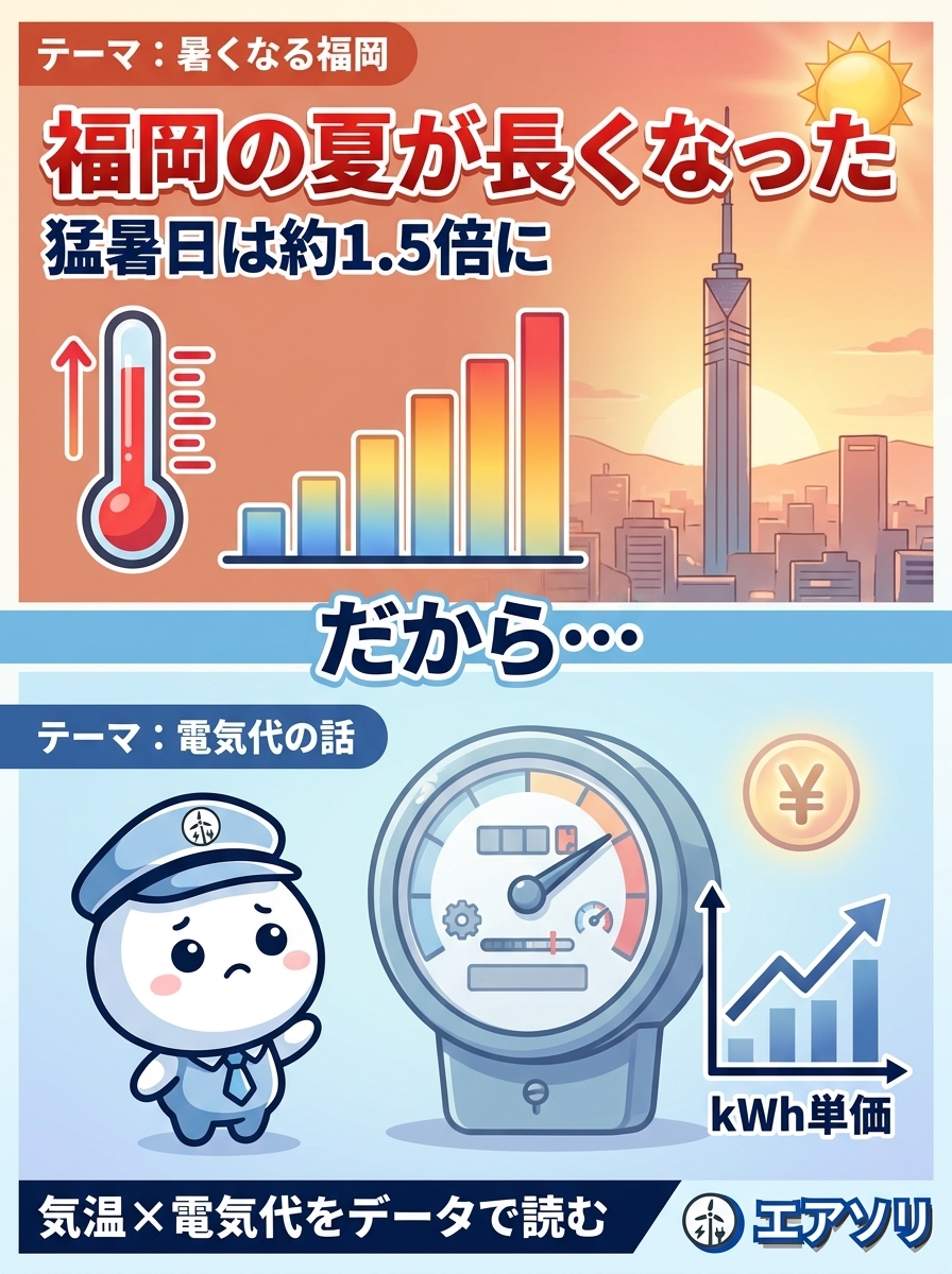 福岡の夏はどれだけ暑くなった？気温と電気代の関係を気象庁・九州電力データで読み解く