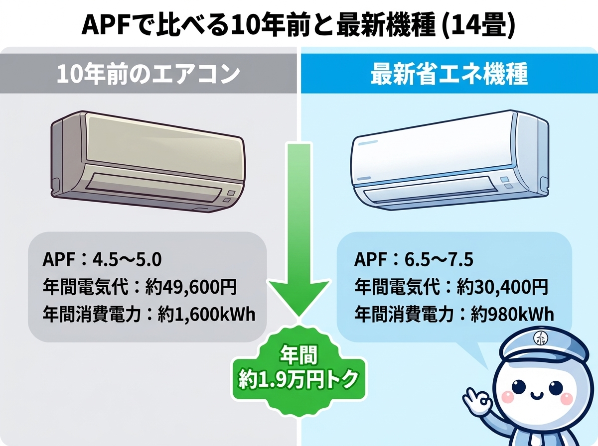 10年前のエアコン（APF4.5〜5.0）と最新省エネ機種（APF6.5〜7.5）の年間電気代比較｜14畳で年間約1.9万円の差を示す図解