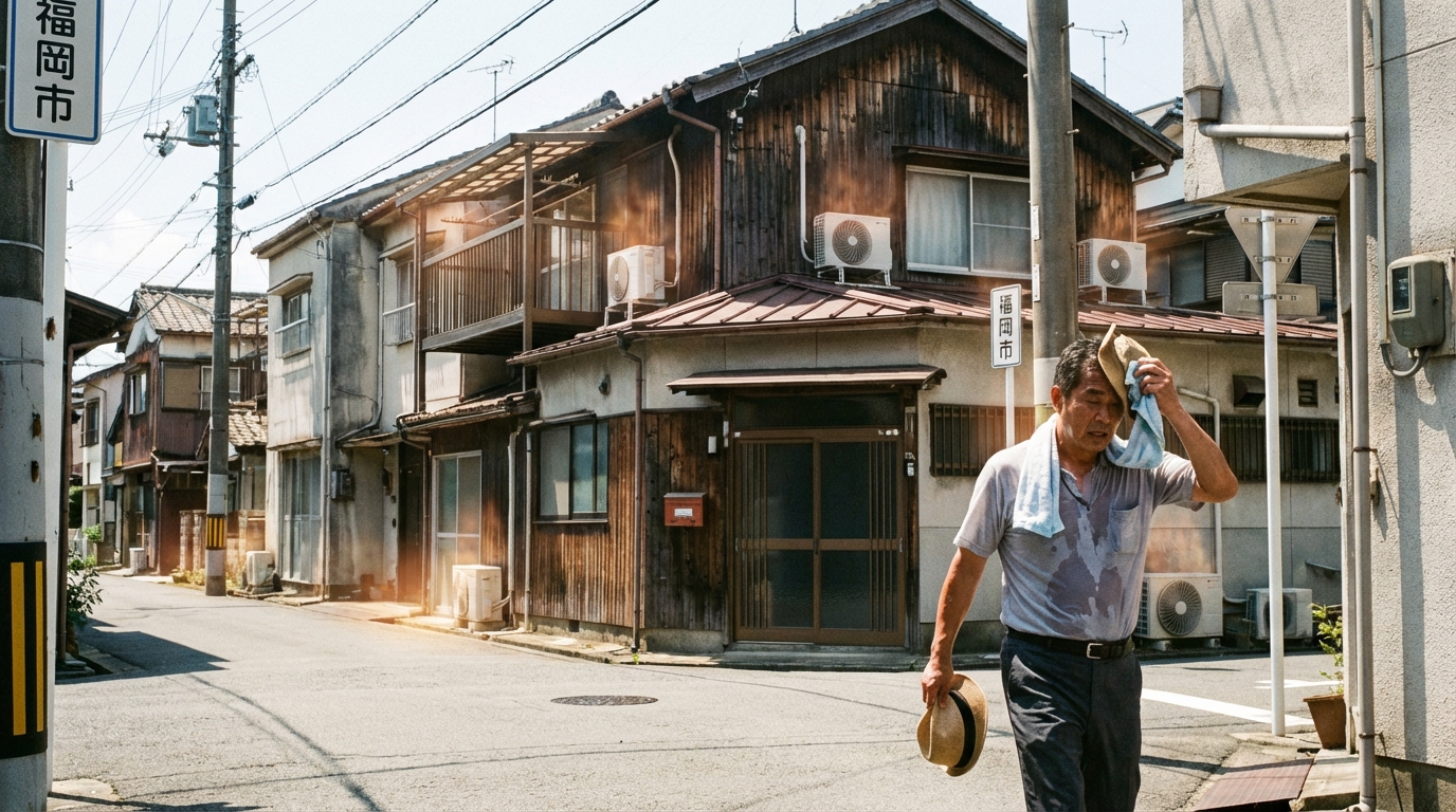 真夏の猛暑日の住宅街、エアコン室外機がフル稼働