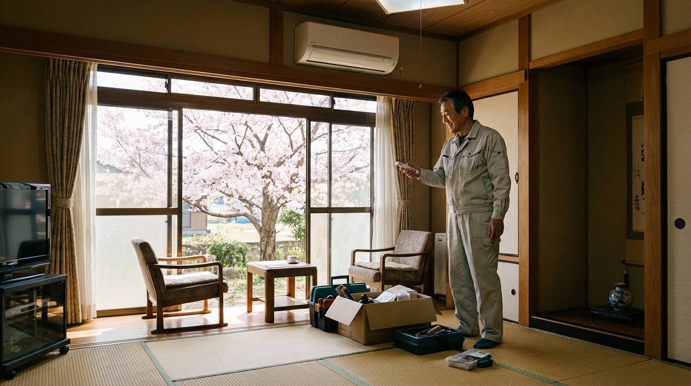 春のリビングで職人がエアコンの試運転をしている