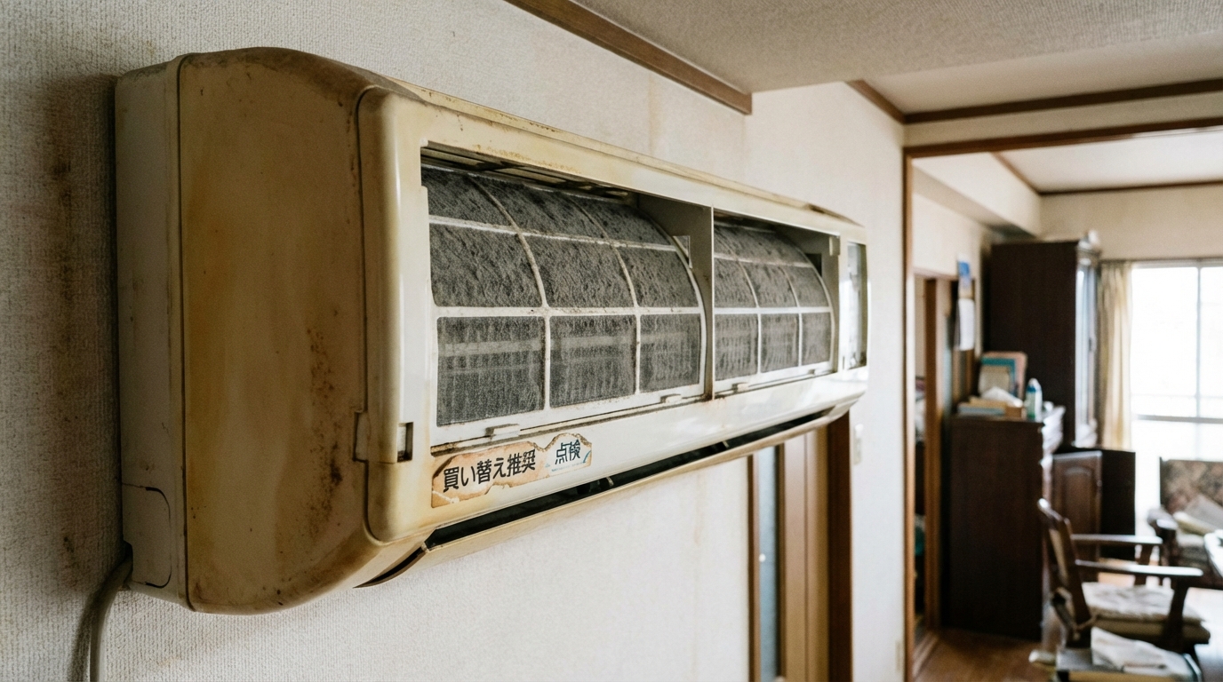 黄ばんで劣化した古いエアコン室内機