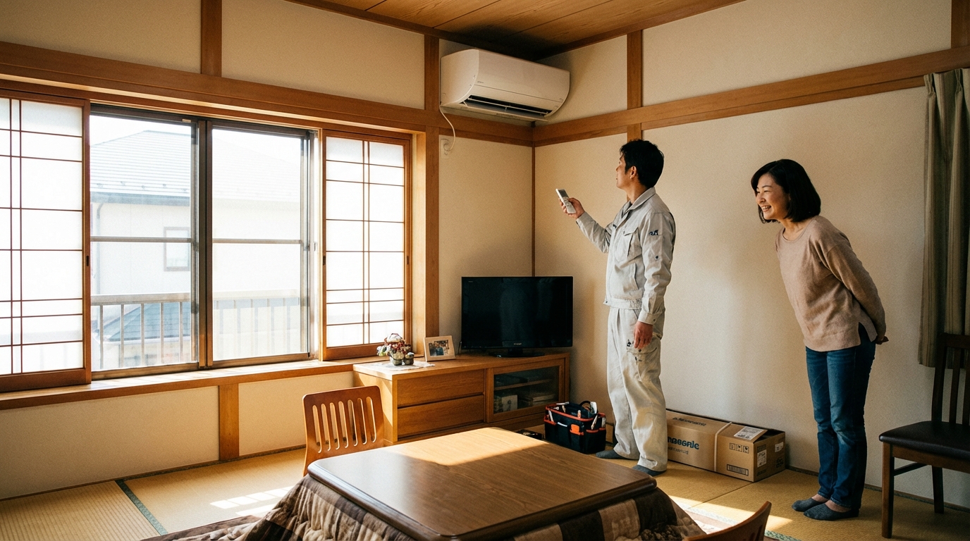 新しいエアコンの取り付けが完了し、お客様が笑顔で見ている