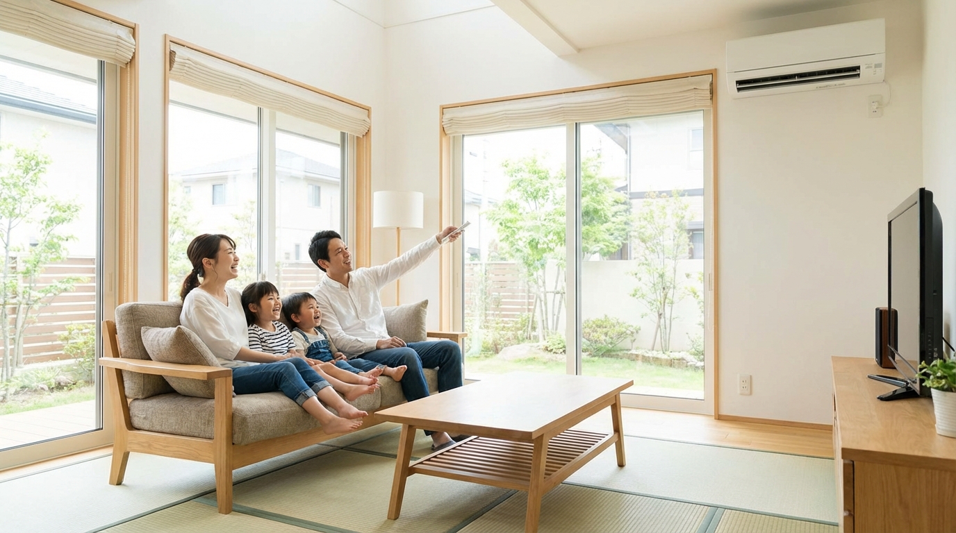 快適な温度のリビングで家族がくつろいでいる