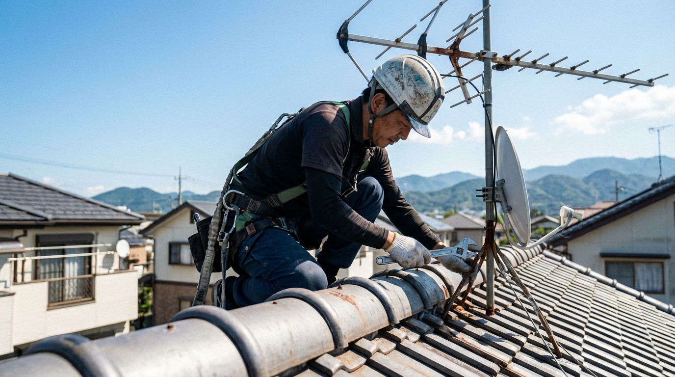 台風前にアンテナを点検する職人のイメージ