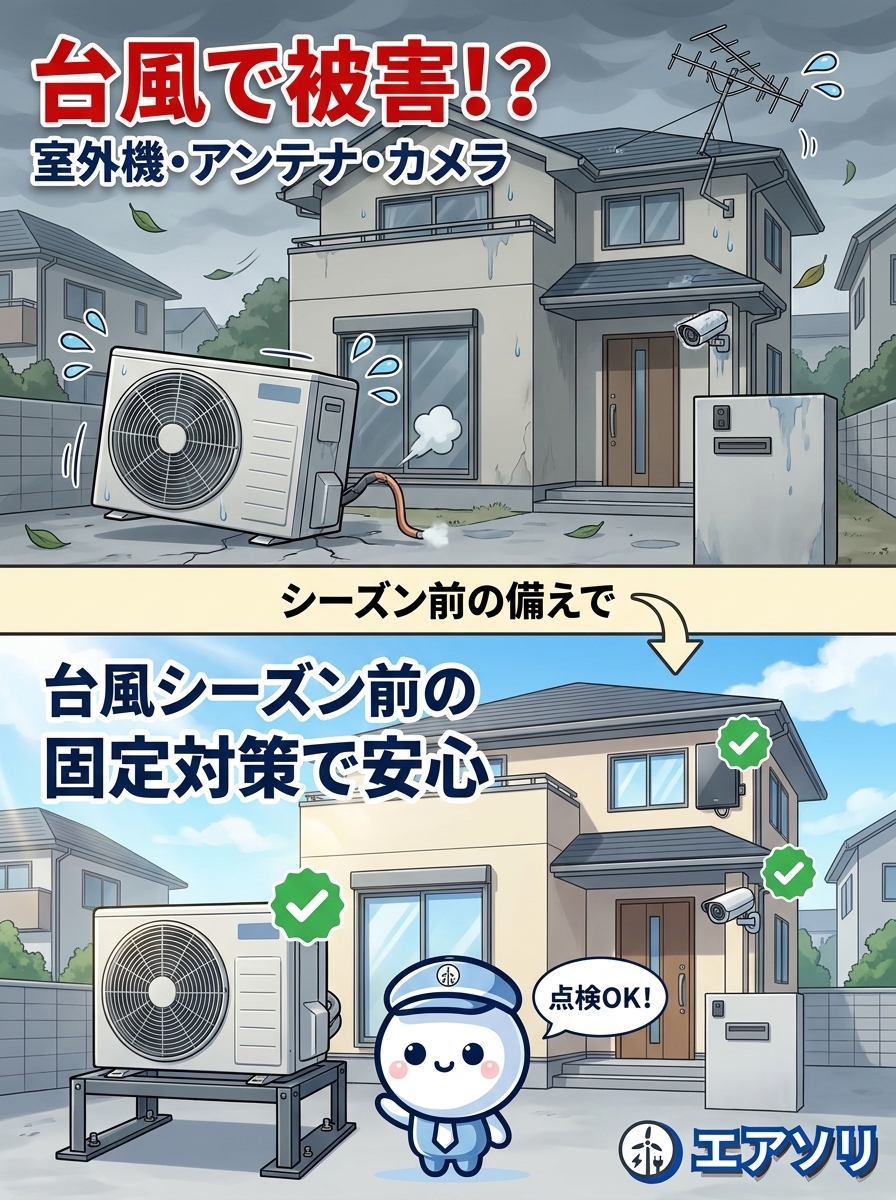 福岡の台風でエアコン室外機が倒れる前に｜事前対策と被害後の修理判断