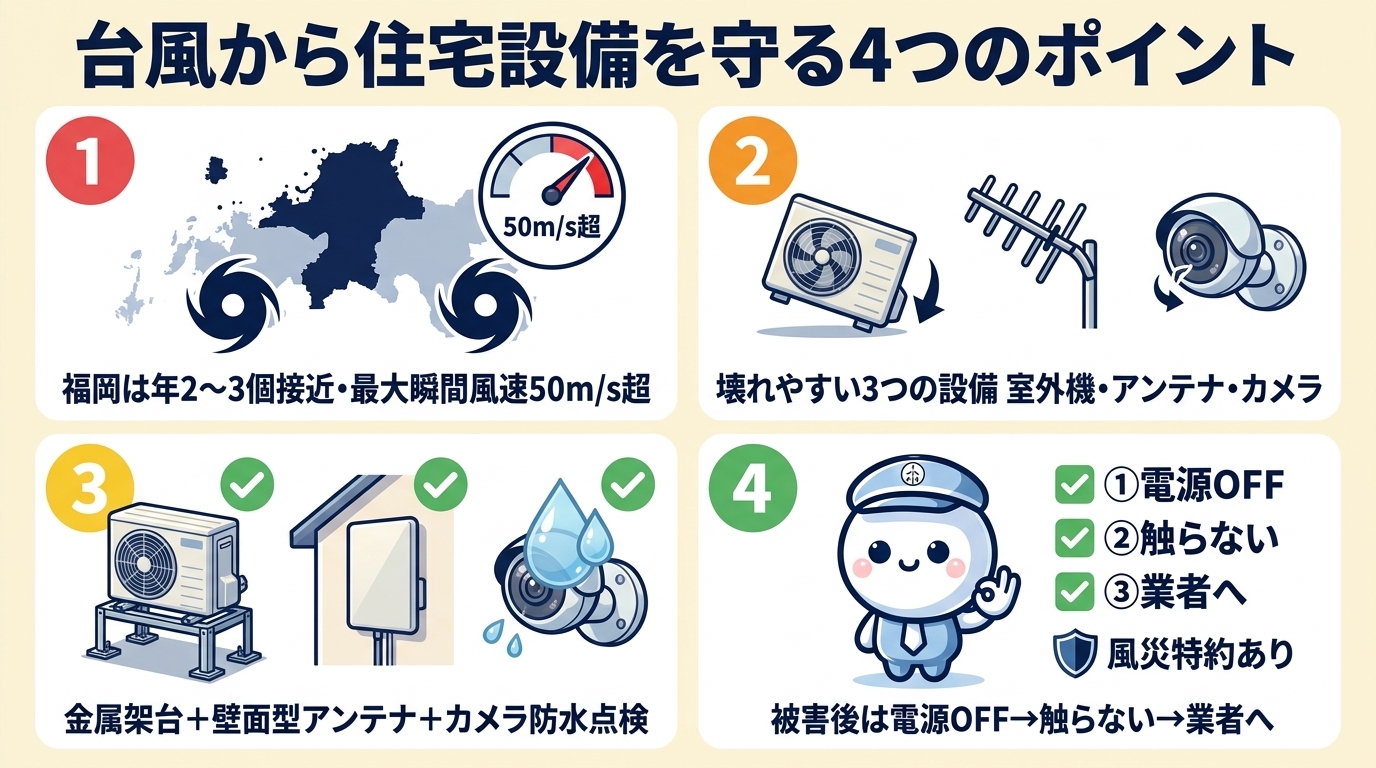 この記事の結論：① 福岡は年2〜3個の台風が接近し最大瞬間風速50m/s超の年もある ② 壊れやすい設備3つは室外機・アンテナ・防犯カメラ ③ 事前対策は金属架台＋アンカー固定／壁面型アンテナ／カメラ防水点検 ④ 被害後は電源OFF→触らず→業者へ、火災保険の風災特約で適用される場合あり