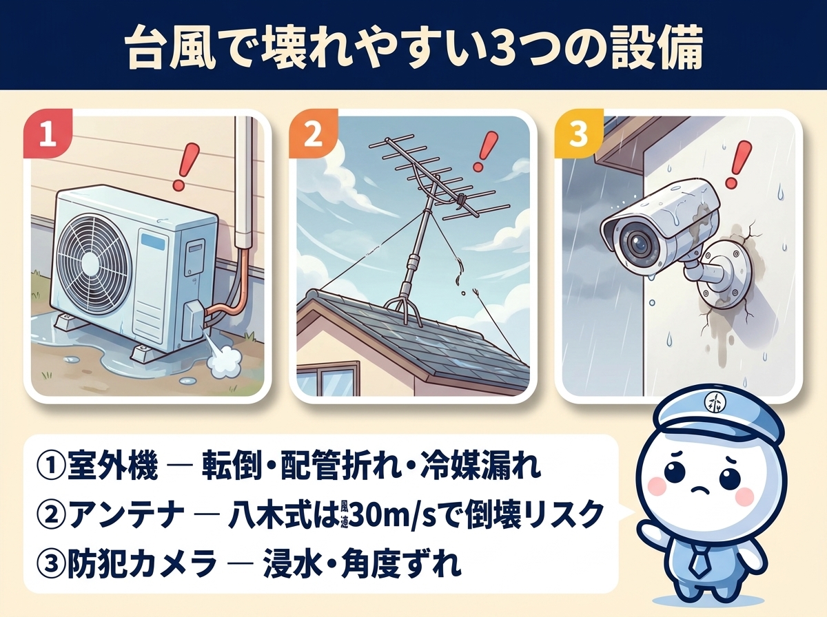 台風で壊れやすい住宅設備3つの図解｜エアコン室外機の転倒、八木式アンテナの倒壊、防犯カメラの浸水と角度ずれを並べたイラスト