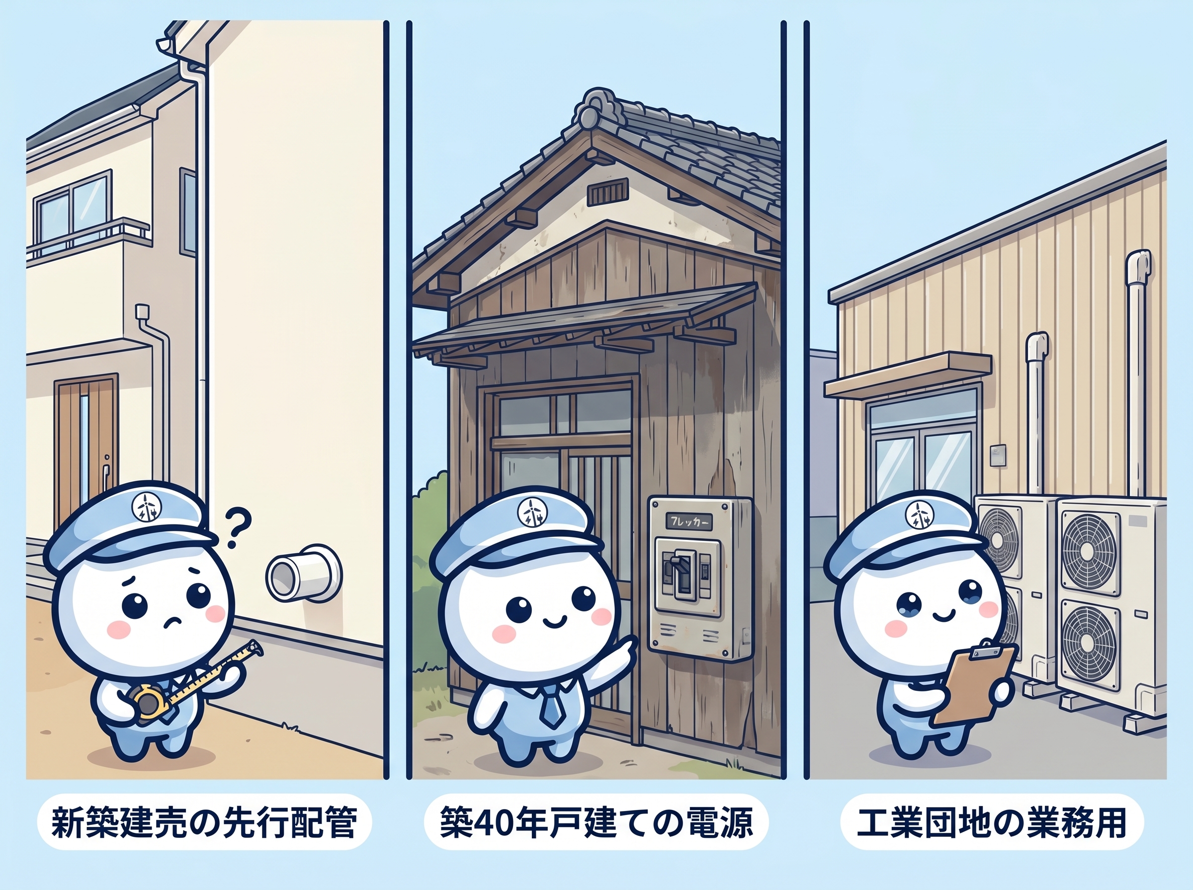 宇美町エアコン工事の3つの壁を表したイラスト