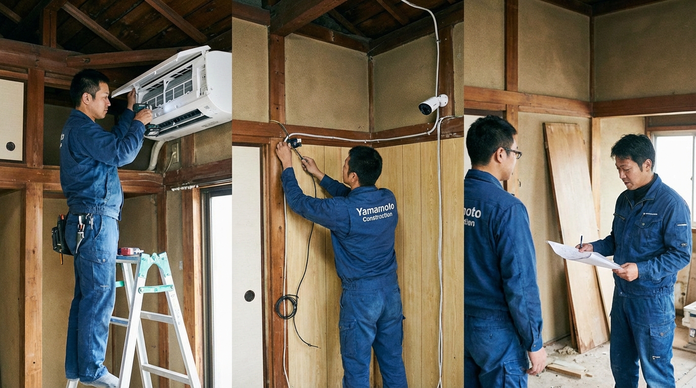 エアソリの職人チームが設備工事をしているイメージ