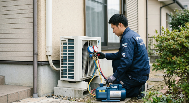 室外機での真空引き作業の様子