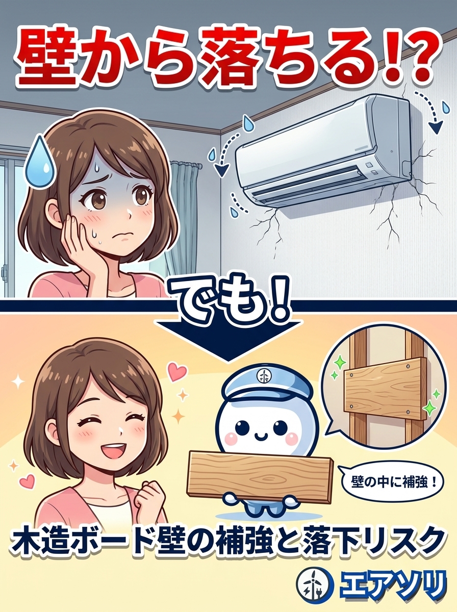 築年数の古いお家・同じ場所で何度も付け替えしてきたお家・お掃除機能付きの重いエアコン――木造ボード壁の落下リスクと補強の話｜福岡のエアソリ