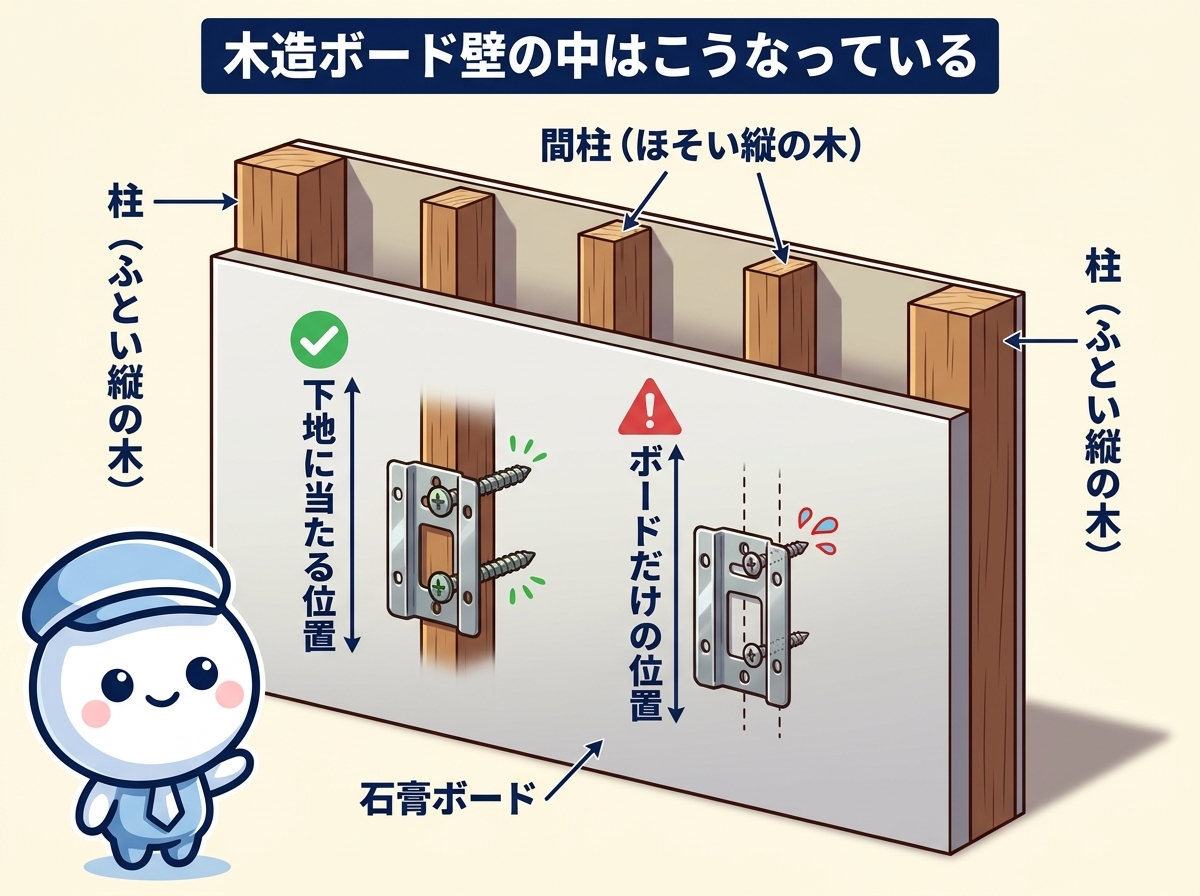 木造ボード壁の断面図｜柱・間柱（下地）と石膏ボードの違い、エアコン背板のビスは下地に効かせるのが正解