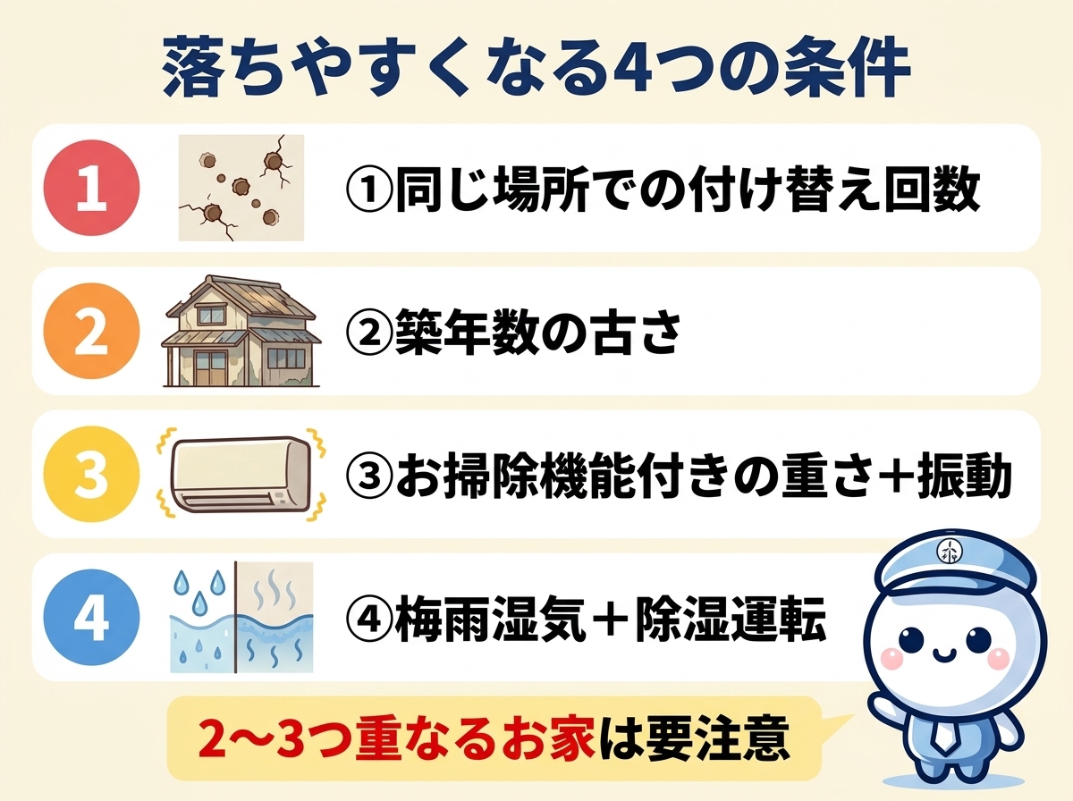 エアコンが落ちやすくなる4つの条件｜①付け替え回数 ②築年数 ③お掃除機能の重さ＋振動 ④梅雨湿気＋除湿運転、2〜3つ重なるお家は要注意