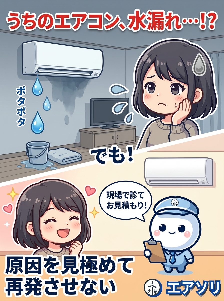 エアコンから水がポタポタ落ちて困っている場面｜原因5パターンと修理 vs 買い替えの判断軸を福岡の電気工事士が解説｜エアソリ