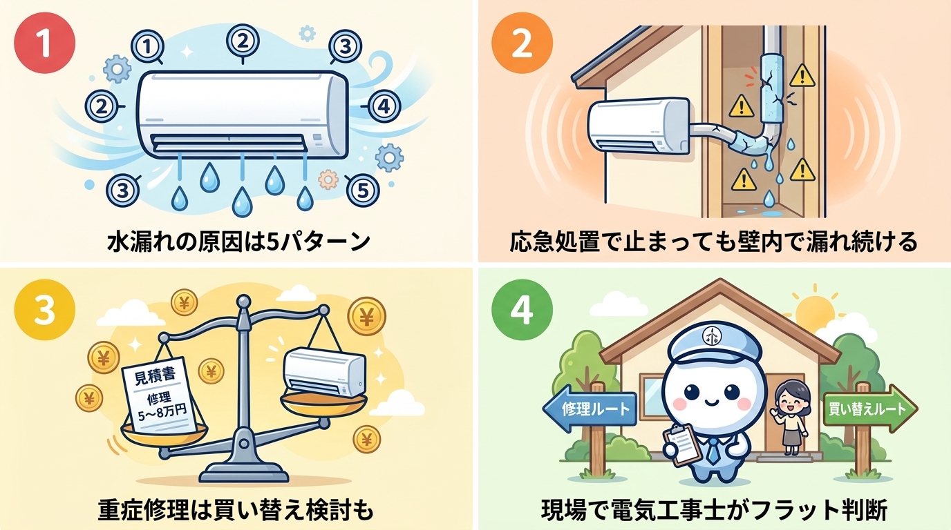 この記事の結論：① 水漏れの原因は5パターン、軽症〜重症で対処が違う ② 一時的に止まっても壁の中で漏れ続けたり再発するリスクがある ③ 重症の修理は5〜8万円ほど、使用年数によっては買い替えのほうが結果安いことも ④ 現場で電気工事士が修理と買い替え両方の選択肢をフラットに判断