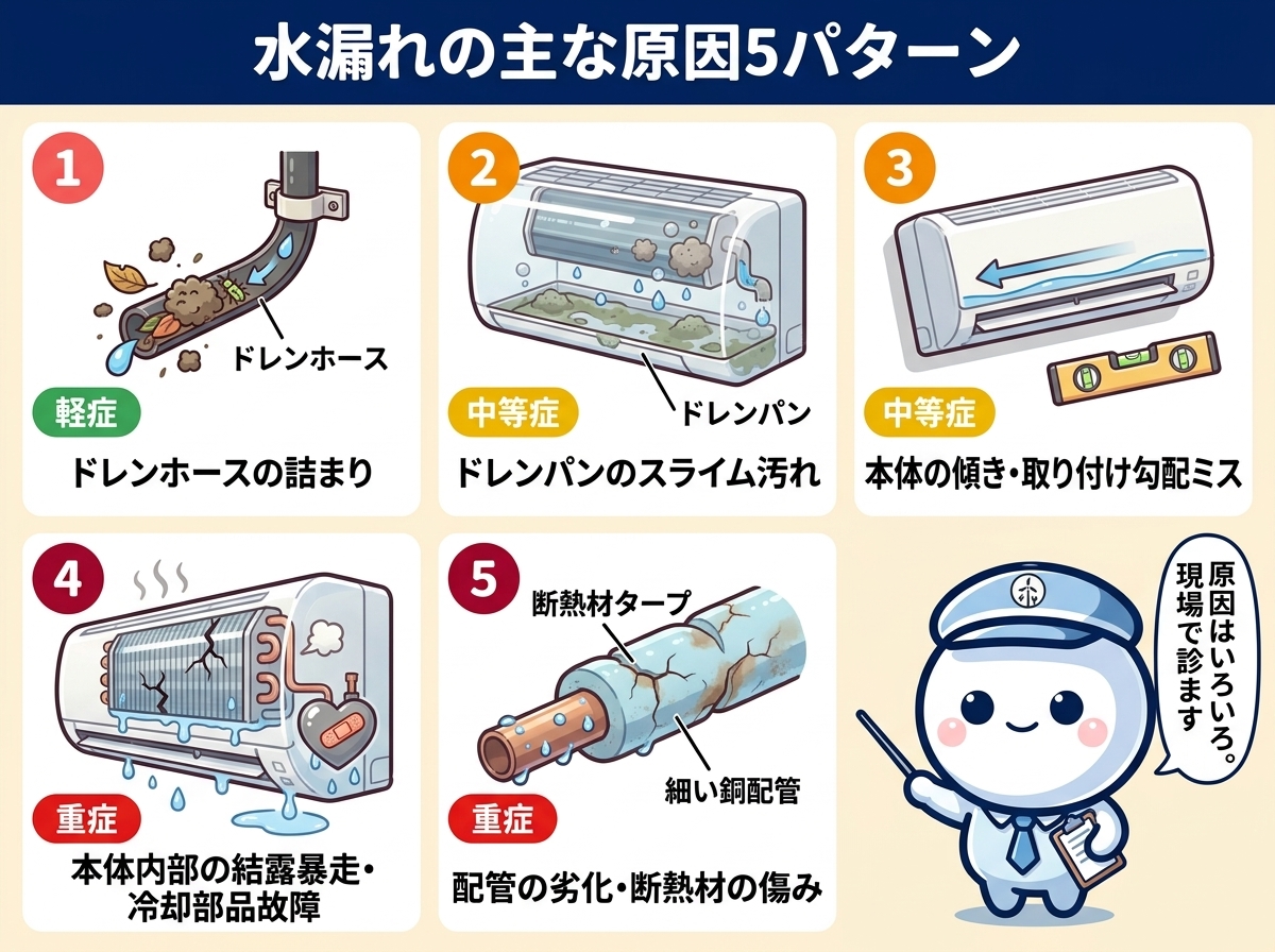 エアコン水漏れの主な原因5パターン｜ドレンホース詰まり・ドレンパン汚れ・本体傾き・内部結露・配管劣化を電気工事士が解説する図解