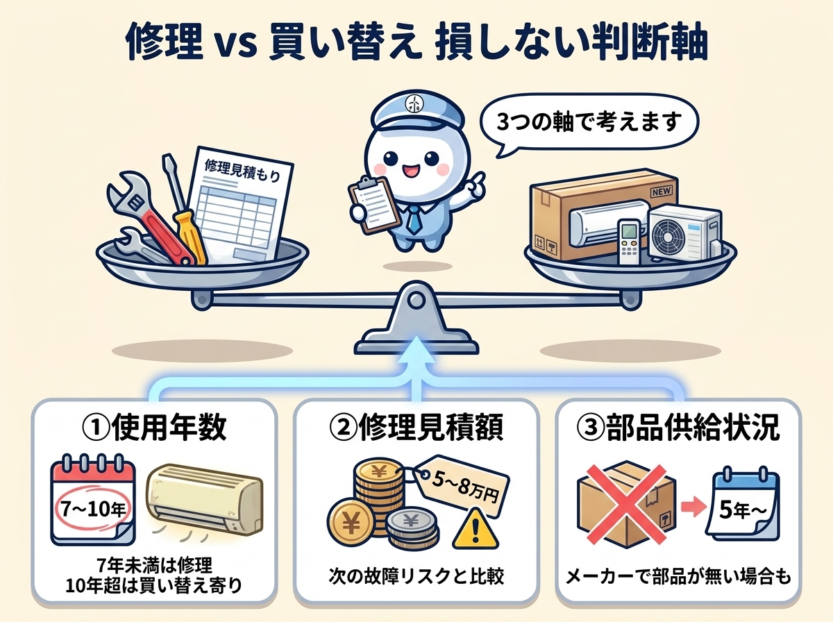 修理 vs 買い替えの判断軸｜使用年数・修理見積額・部品供給状況の3軸で総合判断するマトリクス図解