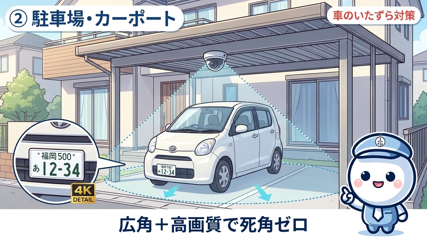 カーポート天井に広角ドームカメラを設置し車のナンバーまで写せる設置例
