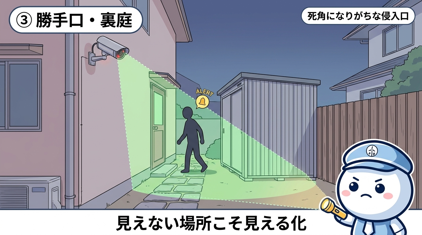 戸建ての勝手口・裏庭にカメラを設置しIR赤外線で死角をカバーする設置例