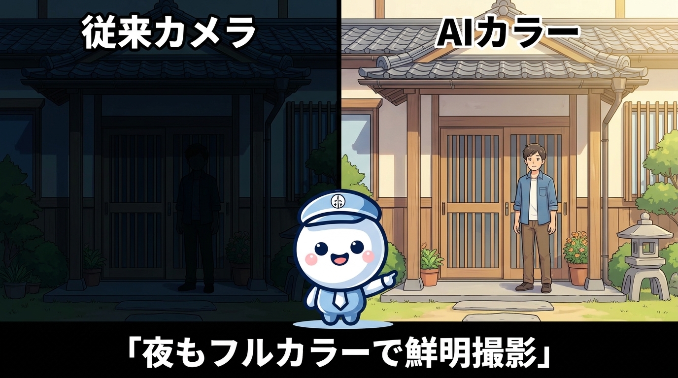 従来カメラとAIカラーの夜間撮影比較 - 真っ暗な玄関がフルカラーで鮮明に映る