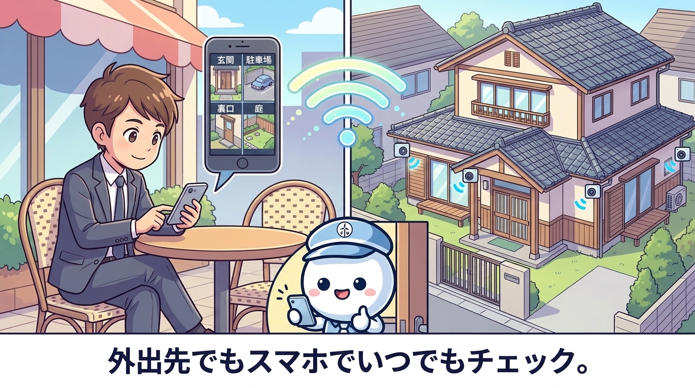 外出先のカフェでスマホから自宅4箇所のカメラをリアルタイム視聴するイメージ