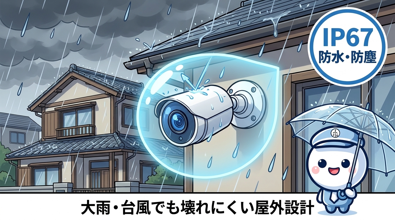大雨の屋外でもIP67防水バリアでカメラが故障しにくい設計イメージ